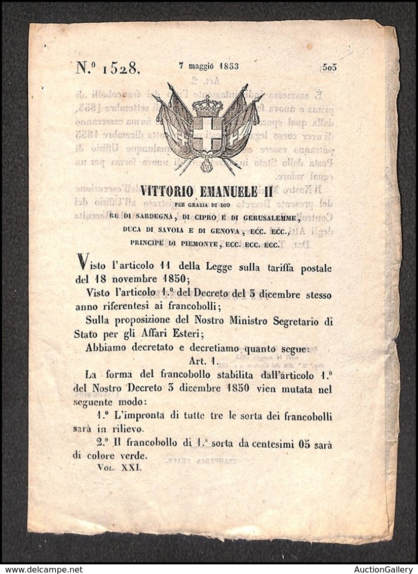 DOCUMENTI - VARIE - CARTOLINE - 1853 - Torino 7 Maggio - Decreto 1528 (4 Pagine Per I 3 Valori Della Seconda Emissione - Altri & Non Classificati