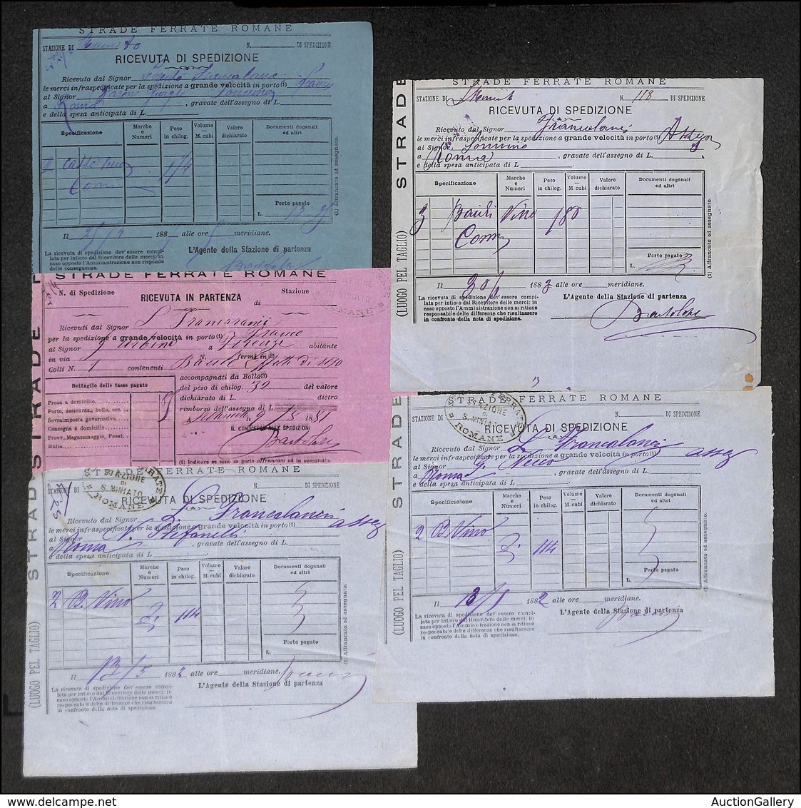 DOCUMENTI - VARIE - CARTOLINE - 1881/1885 - Strade Ferrate Romane - 5 Ricevute Di Spedizione Del Periodo - Sonstige & Ohne Zuordnung