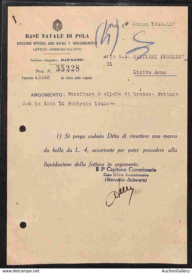 DOCUMENTI - VARIE - CARTOLINE - Base Navale Di Pola - 1942 (4 Marzo) - Documento Amministrativo - Andere & Zonder Classificatie
