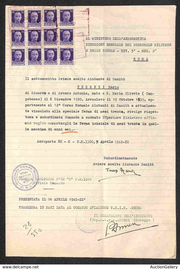 DOCUMENTI - VARIE - CARTOLINE - Uso Fiscale - Comando Campo Base/C.S.I.R. - Dodici Pezzi Del 50 Cent (251 - Regno) Annul - Autres & Non Classés