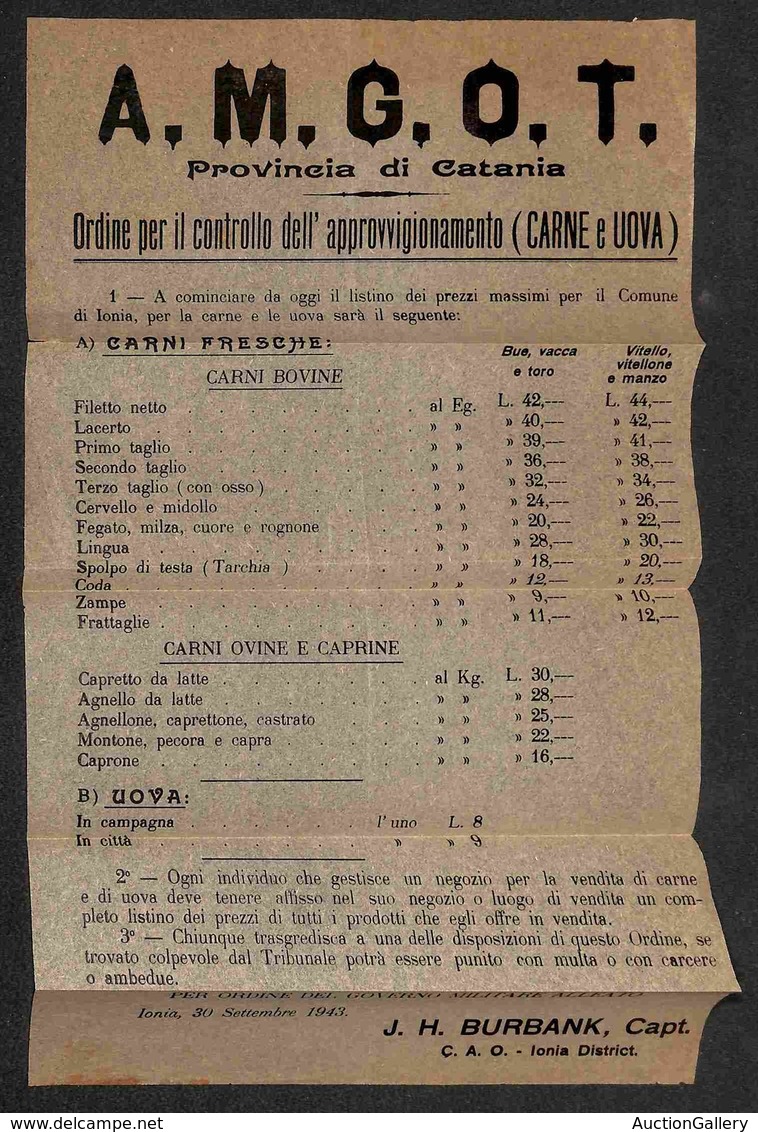 DOCUMENTI - VARIE - CARTOLINE - 1943 - AMGOT - Ionia 30.9.43 - Ordine Per Il Controllo Dell’approvigionamento (carne E U - Other & Unclassified