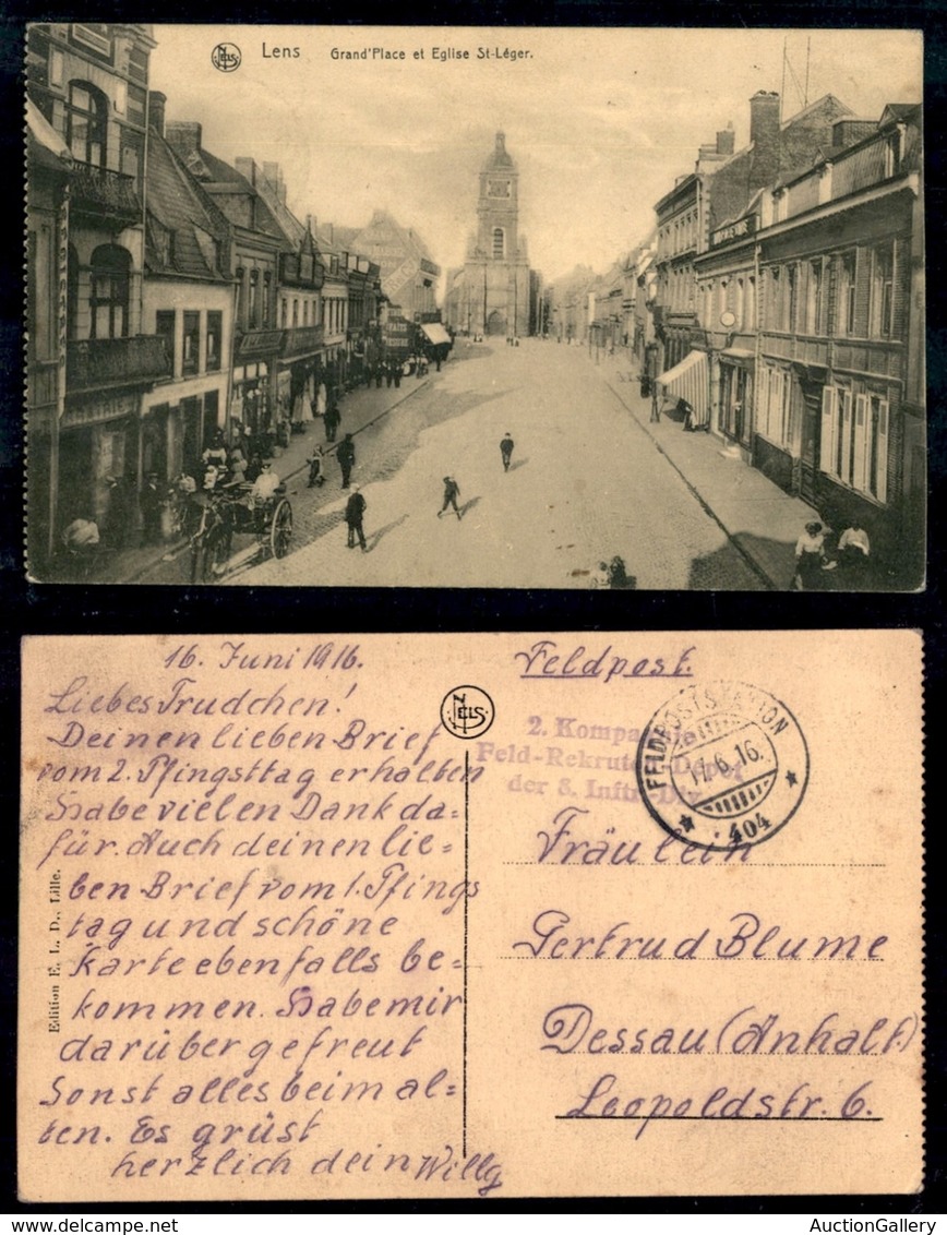DOCUMENTI - VARIE - CARTOLINE - Francia - Lens Grand Palace Et Eglise St. Leger - Feldpoststation “404” 17.6.16 - Other & Unclassified