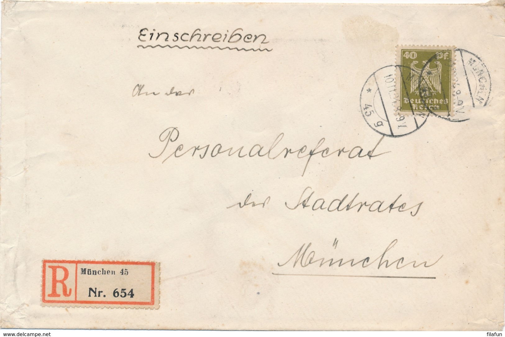 Deutsches Reich - 1924 - 40Pf Freimarke On R-cover Local Use München - Brieven En Documenten