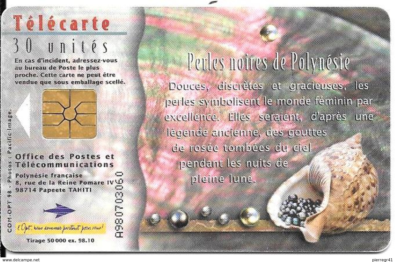 CARTE°-PUCE-POLYNESIE-30U-PF78-GEMA -10/98  -PERLES NOIRES/LAGON-UTILISE-TBE - Polinesia Francese