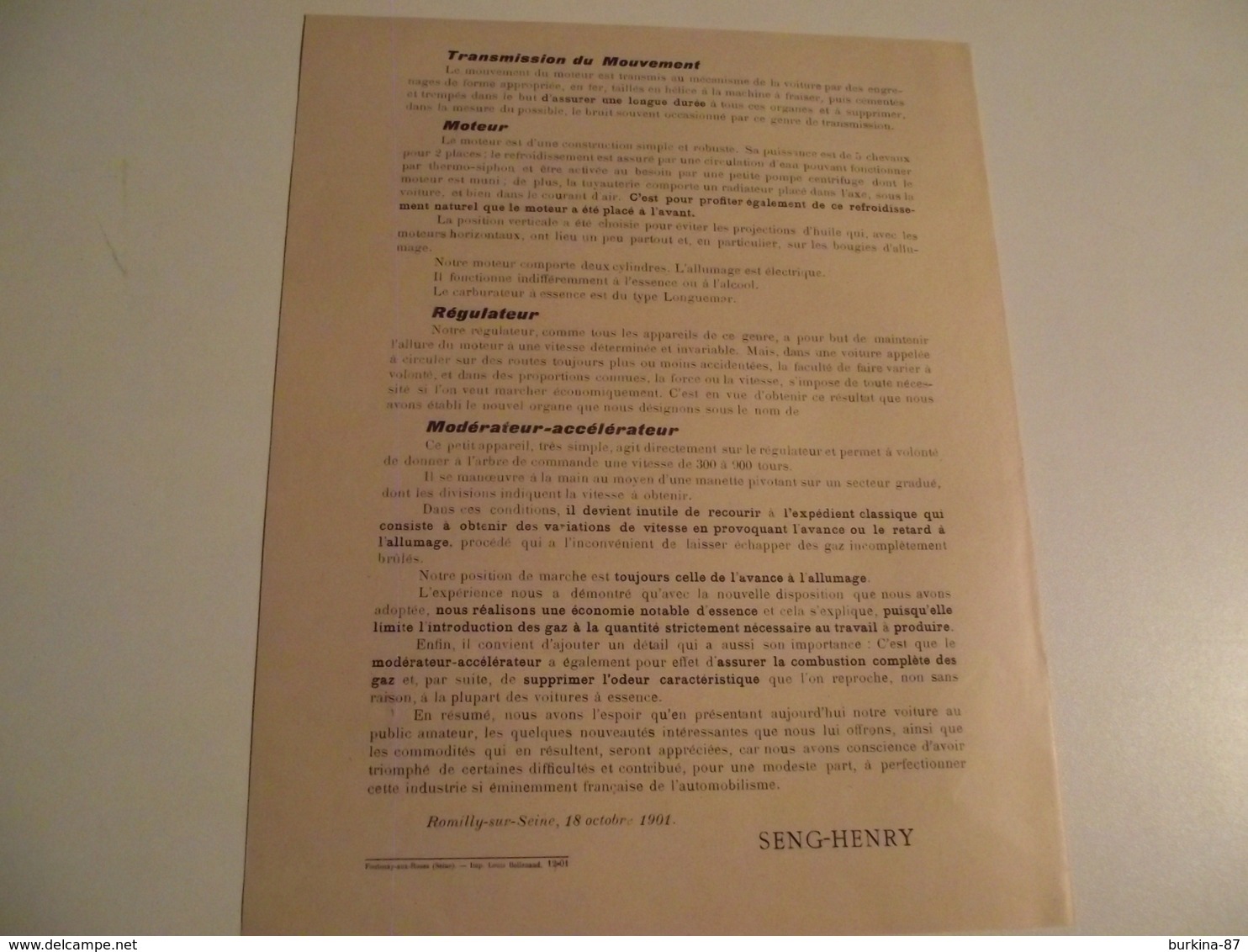 AUTOMOBILE à Engrenage, SENG Et HENRY ,1902, Livret  Publicitaire - Publicités