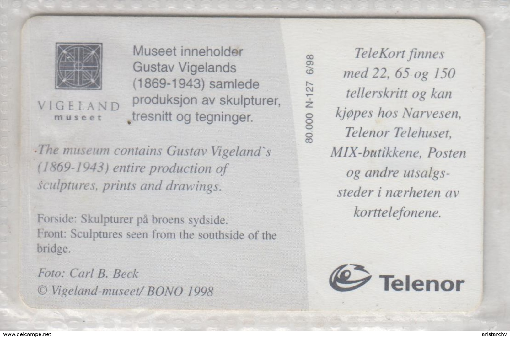 NORWAY 1998 VIGELAND MUSEUM GUSTAV VIGELANDS SCULPTURE USED PHONE CARD - Norway