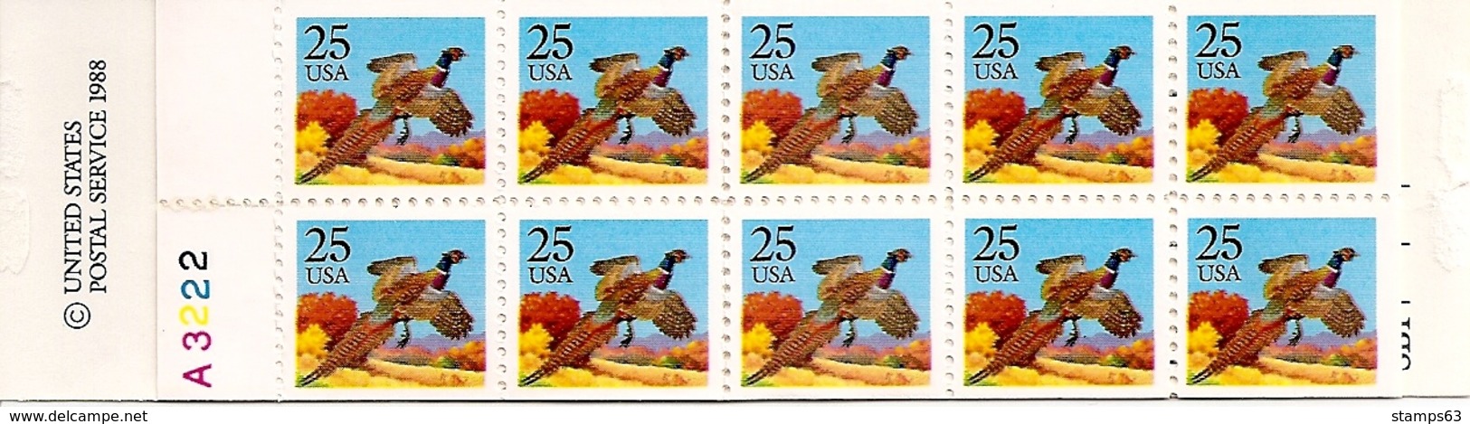 UNITED STATES (USA), 1988, Booklet 159, Pheasant, Mi 0-120b, COLOR CHANGE (sky Light Blue) - 2. 1941-80