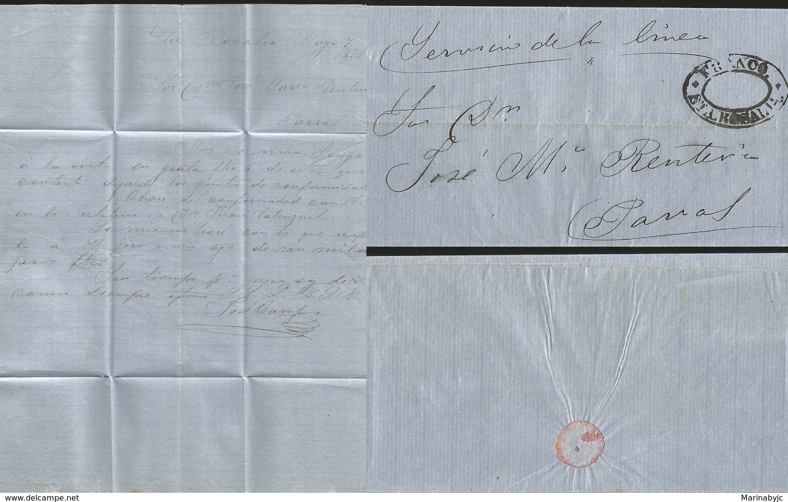 J) 1872 MEXICO, TRAVELLING POST OFFICES, STAMPLES FOLDED LETTER, FROM SANTA ROSALIA TO PARRAL, CARRIED BY THE DILIGENCIA - Mexico
