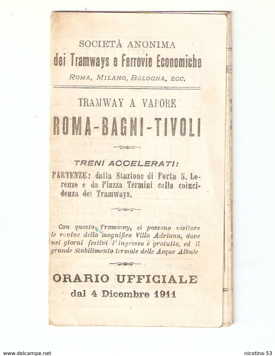 OR--00001-- ORARIO UFFICIALE DAL 4 DICEMBRE 1911- DEI TRAMWAYS E E FERROVIE ECONOMICHE-ROMA-BAGNI-TIVOLI - Europa