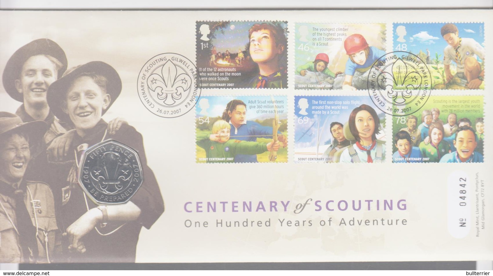 SCOUTS -  GREAT BRITAIN - 2007 - SCOUTING CENT SET OF 6 + 50P SPECIAL COIN ON ILLUSTRATED FDC,GILWELL POSTMARK - Lettres & Documents
