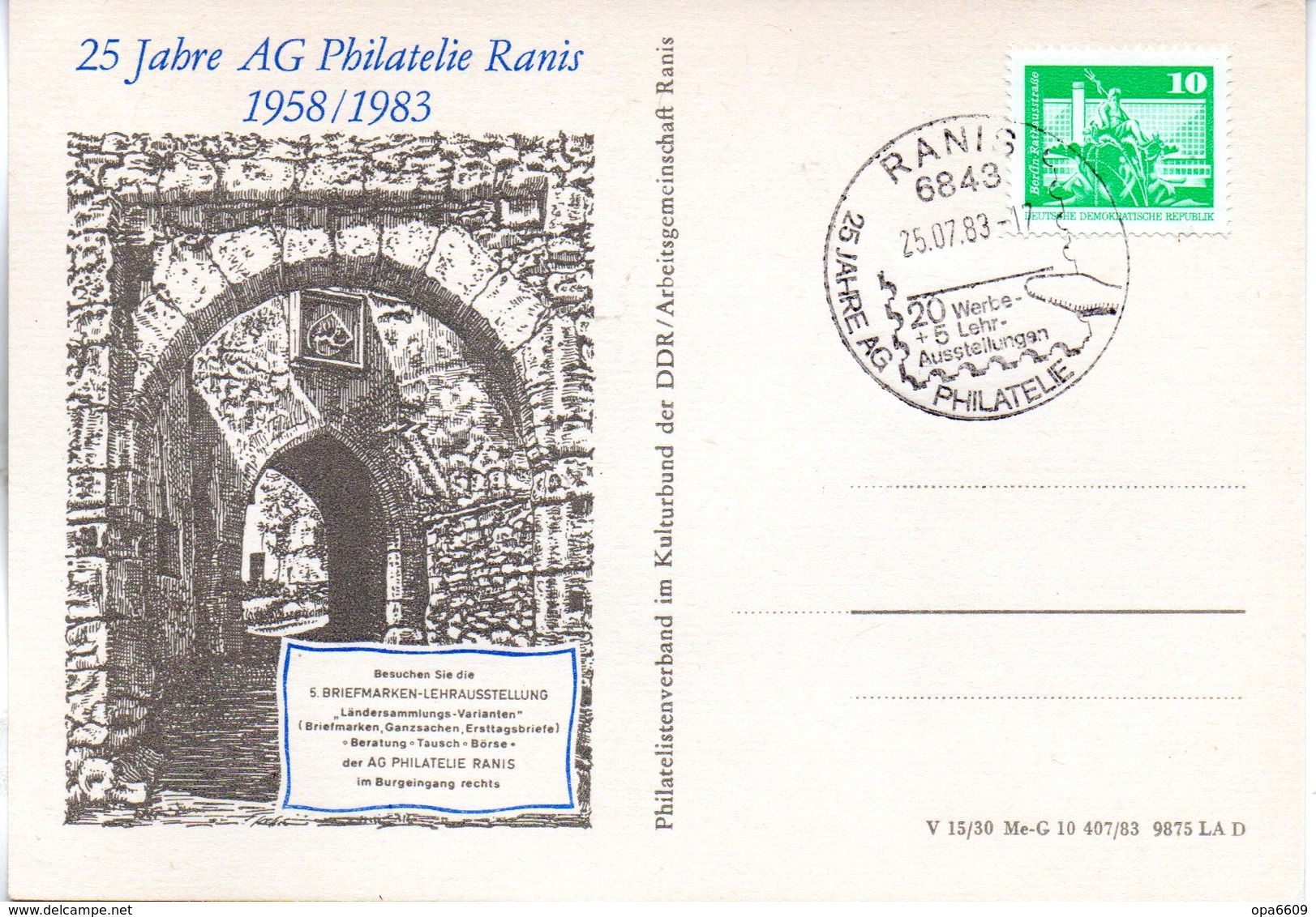 (DDR-B2) DDR Sonderkarte "25 Jahre AG Philatelie Ranis", EF Mi 1868, SSt. 25.7.1983 RANIS - Briefe U. Dokumente