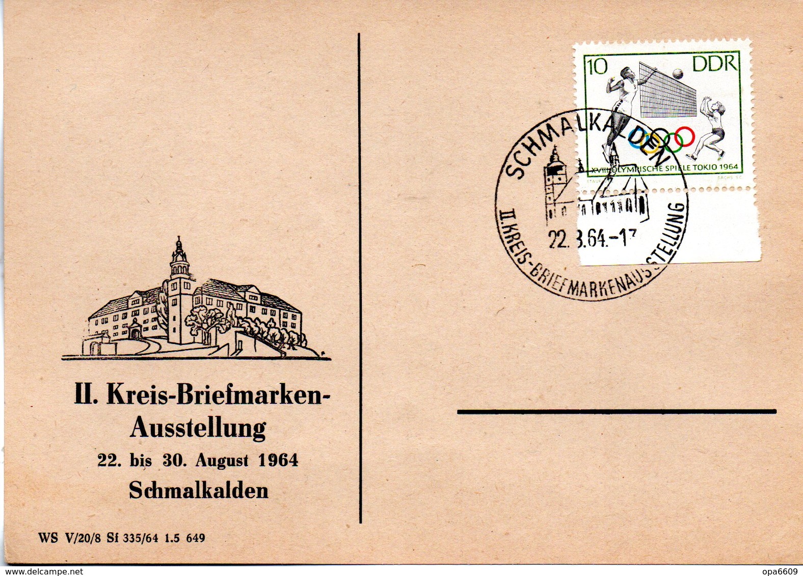 (DDR-B2) DDR Sonderkarte "II. Kreis-BM-Ausstellung Schmalkalden", EF Mi 1034, SSt. 22.8.1964 SCHMALKALDEN - Briefe U. Dokumente