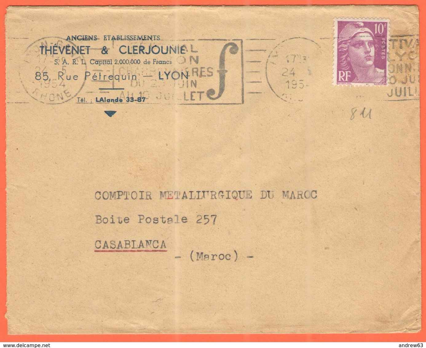 FRANCIA - France - 1954 - 10F Marianne De Gandon + Flamme Festival De Lyon-Charbonnières - Thévenet & Clerjounie - Viagg - Storia Postale