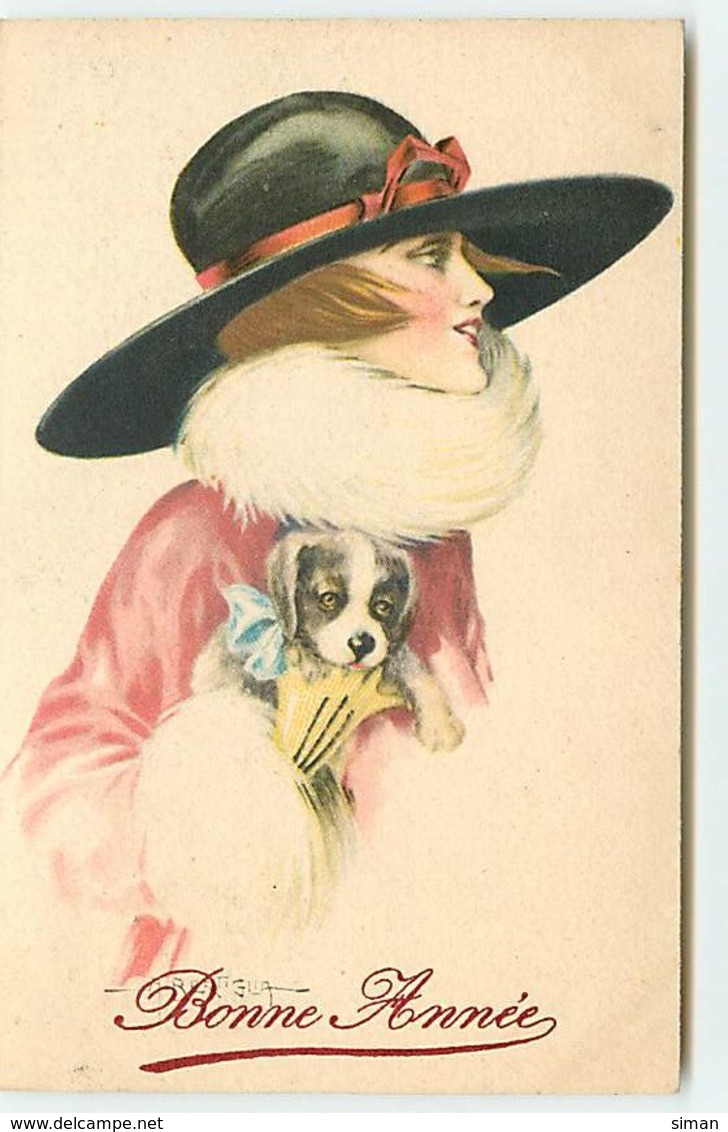 N°10756 - Carte Illustrateur - A. Bertiglia - Femme Avec Chapeau Et Chiot Avec Noeud Rose - N°7563 - Bertiglia, A.