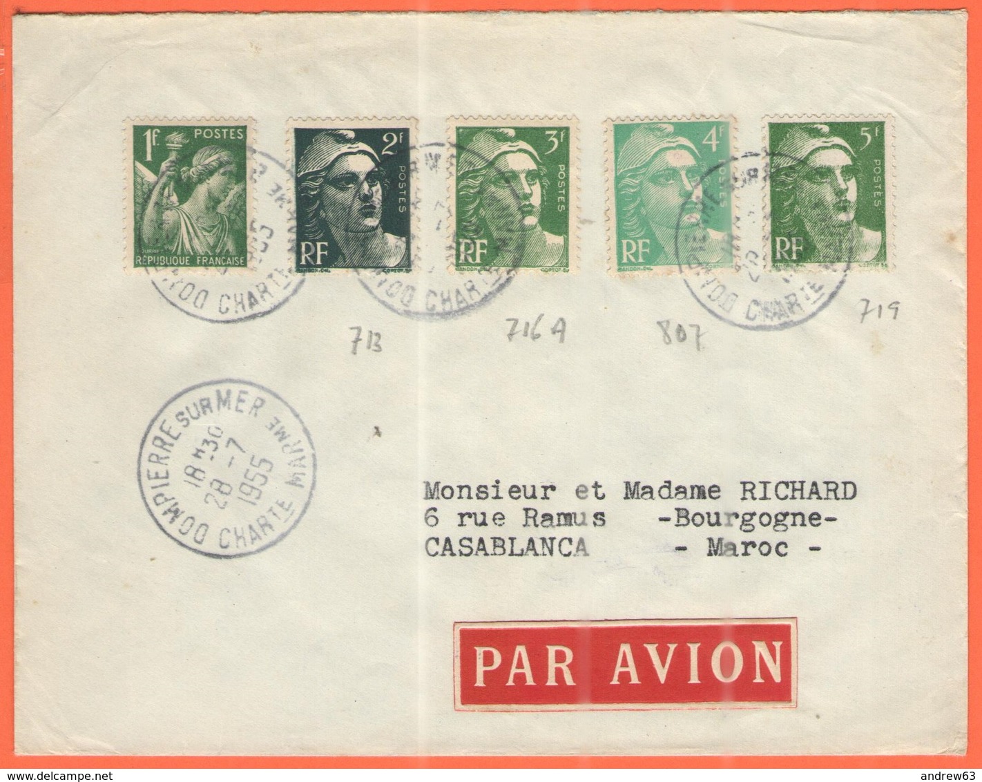 FRANCIA - France - 1955 - 1F + 2F + 3F + 4F + 5F Marianne De Gandon - Par Avion - Viaggiata Da Dompierre-sur-Mer Per Cas - Storia Postale