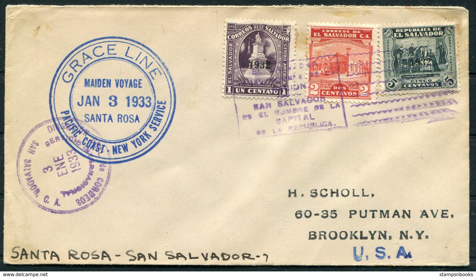 1933 El Salvador, Grace Line SANTA ROSA Ship Cover Maiden Voyage - New York - El Salvador