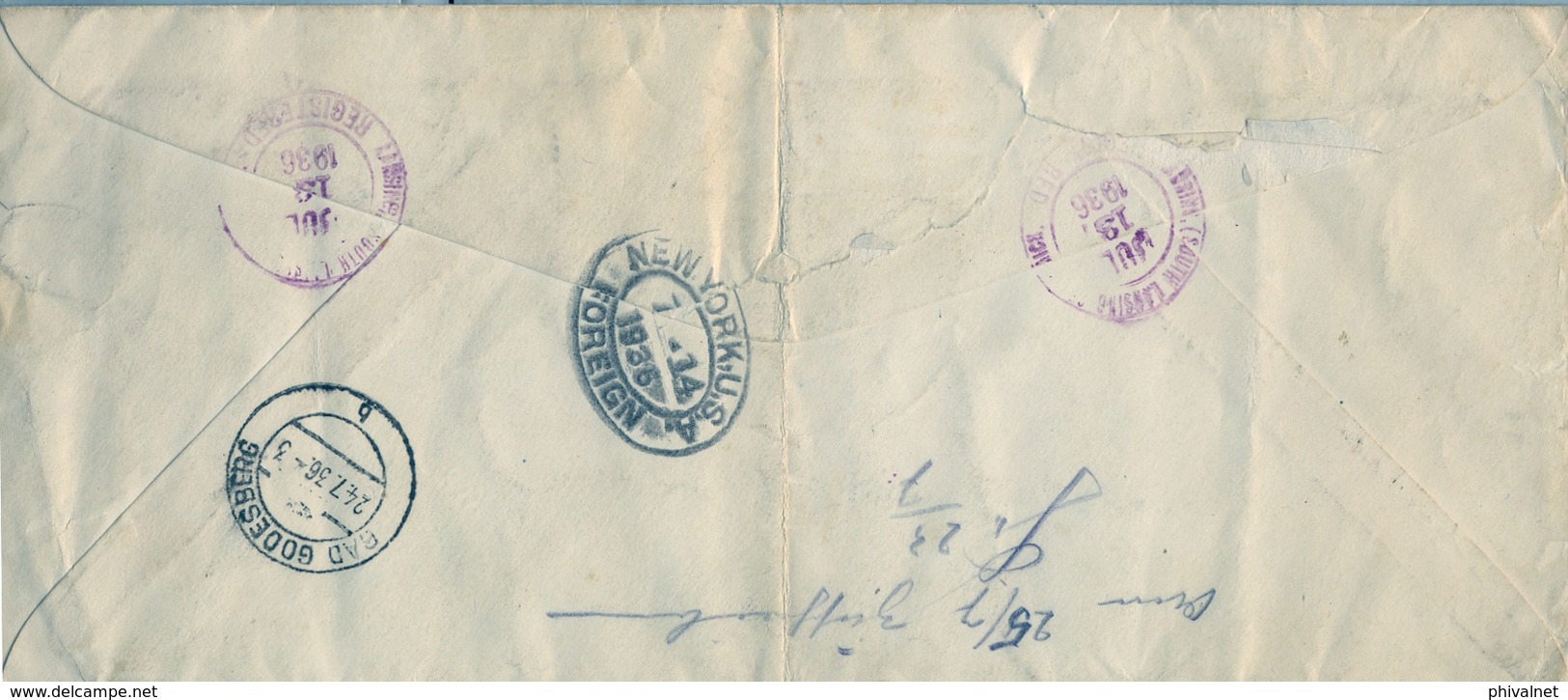 1936 ESTADOS UNIDOS , SOBRE ENTERO POSTAL CERTIFICADO , SOUTH LANSING - BAD GODESBERG , TRÁNSITO , LLEGADA - 1921-40