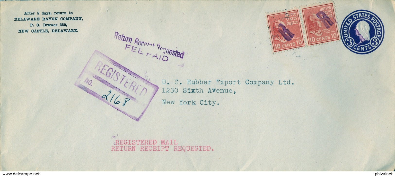 1942 ESTADOS UNIDOS , SOBRE ENTERO POSTAL CERTIFICADO , NEW CASTLE - NEW YORK , LLEGADA - 1941-60