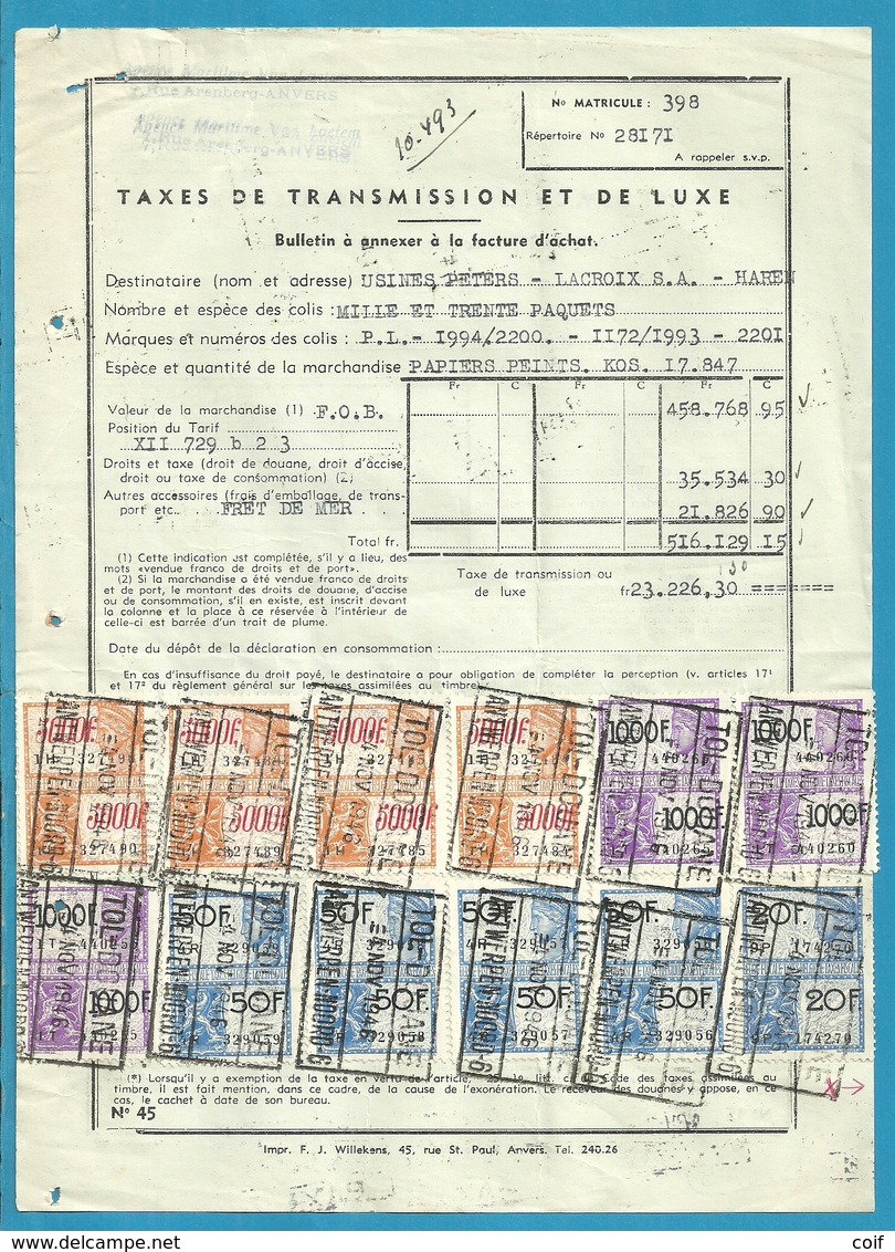 Fiscale Zegels 5000 Fr + 1000 Fr.+....TP Fiscaux / Op Dokument Douane En 1946 Taxe De Transmission Et De Luxe - Documentos