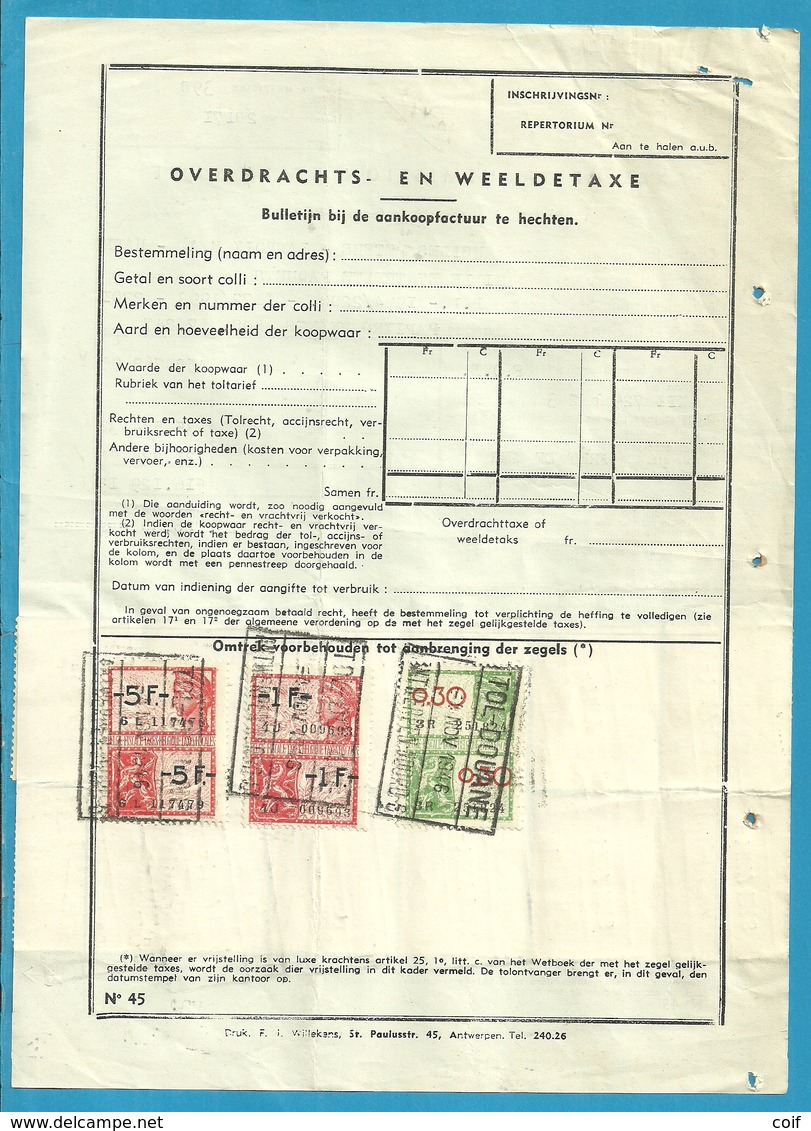 Fiscale Zegels 5000 Fr + 1000 Fr.+....TP Fiscaux / Op Dokument Douane En 1946 Taxe De Transmission Et De Luxe - Documents