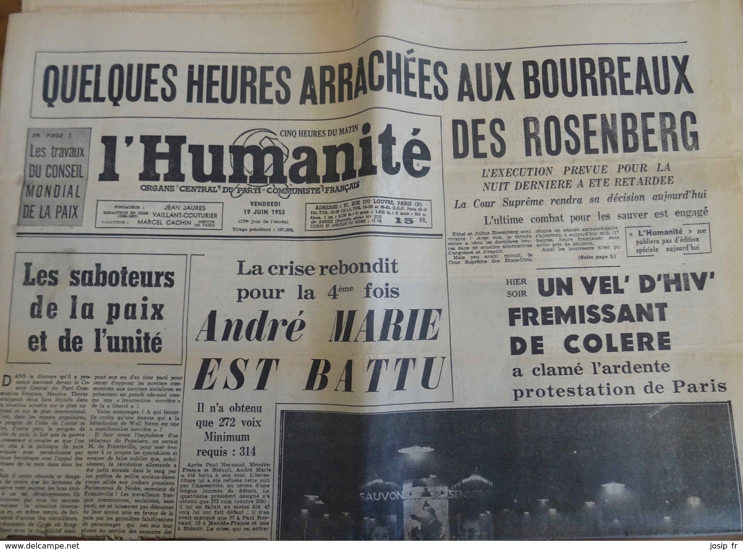 LES EPOUX ROSENBERG- MANIFESTATION AU VÉL D'HIV CONTRE LEUR EXÉCUTION- Journal L'HUMANITÉ Du 19 Juin 1953 - 1950 - Heute