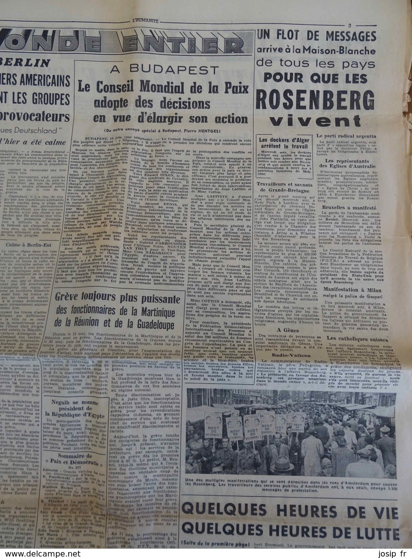 LES EPOUX ROSENBERG- MANIFESTATION AU VÉL D'HIV CONTRE LEUR EXÉCUTION- Journal L'HUMANITÉ Du 19 Juin 1953 - 1950 à Nos Jours