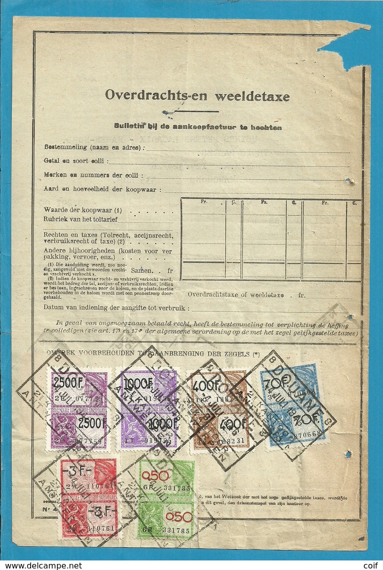 Fiscale Zegels 2500 Fr 1000 Fr + 500 Fr.+200 Fr.TP Fiscaux / Op Dokument Douane En 1946 Taxe De Transmission Et De Luxe - Documents