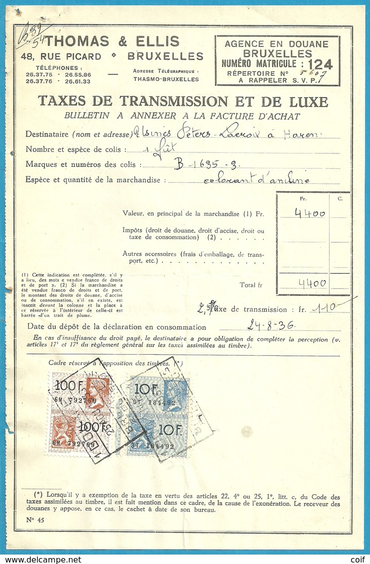 Fiscale Zegels 100 FR + 10 Fr ..TP Fiscaux / Op Dokument Douane En 1936 Taxe De Transmission Et De Luxe - Documents