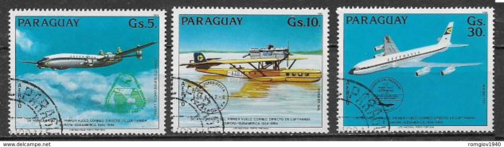 PARAGUAY 1984  POSTA AEREA PRIMO VOLO DIRETTO EUROPA AMERICA DEL SUD YVERT. 959-961 USATA VF - Paraguay