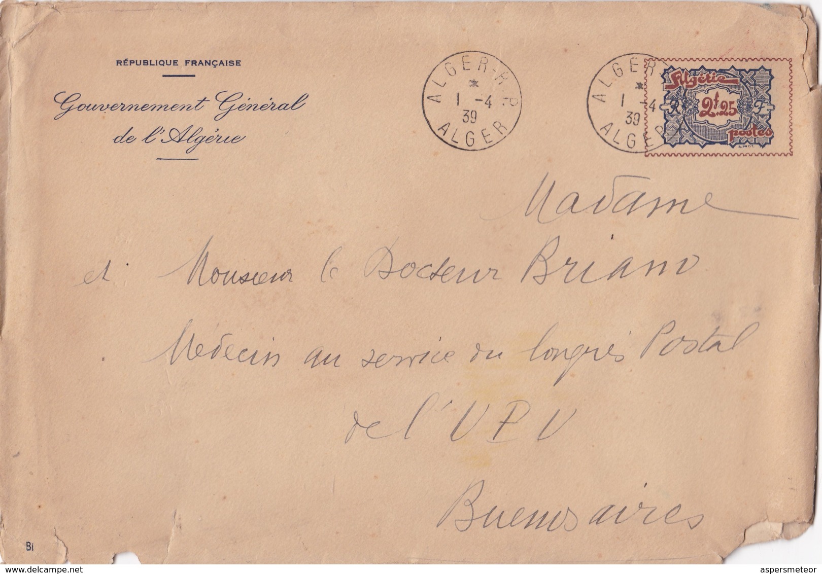 ENTERO POSTAL ENTIER CIRCULEE  ALGER ARGELIA A BUENOS AIRES AÑO YEAR 1939 GRAND FORMAT ENVELOPPE-RARISIME - BLEUP - Algérie (1962-...)