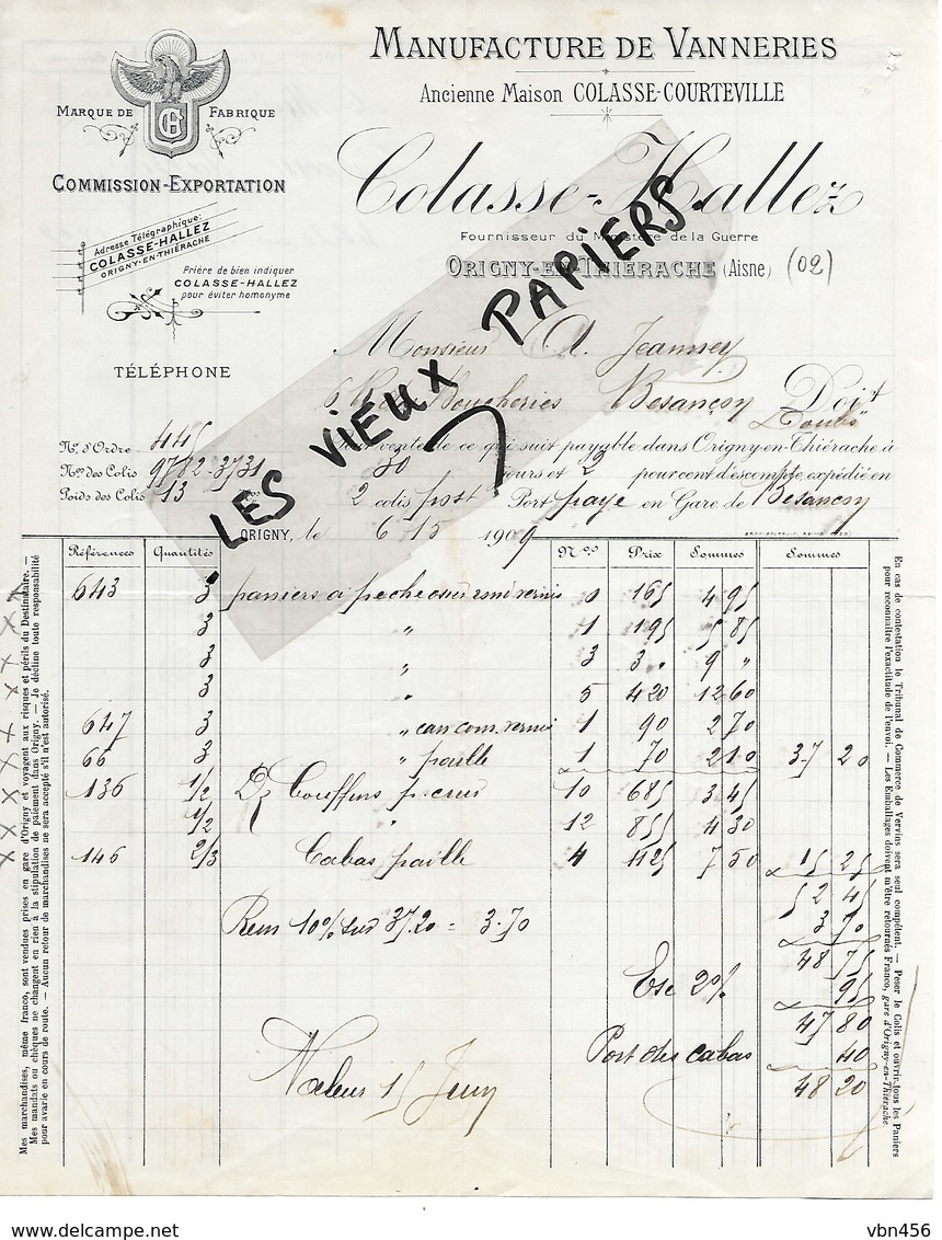 02 - Aisne - ORIGNY-EN-THIERACHE - Facture COLASSE-HALLEZ - Manufacture De Vanneries, Osier - 1909 - REF 118A - 1900 – 1949