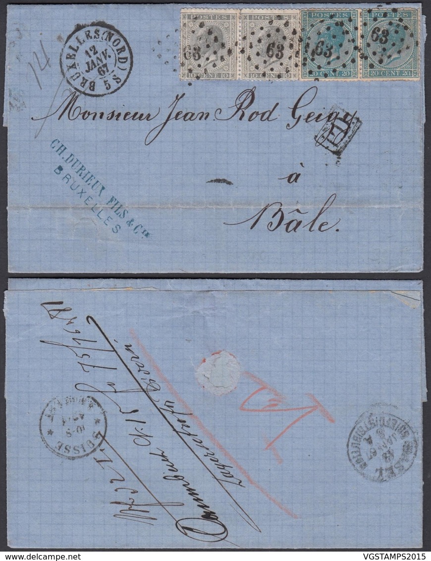 BELGIQUE COB 17 X2+18x2 SUR LETTRE 12/01/1867 EN DOUBLE PORT DE BRUXELLES VERS LE SUISSE (DD) DC-1986 - 1865-1866 Linksprofil