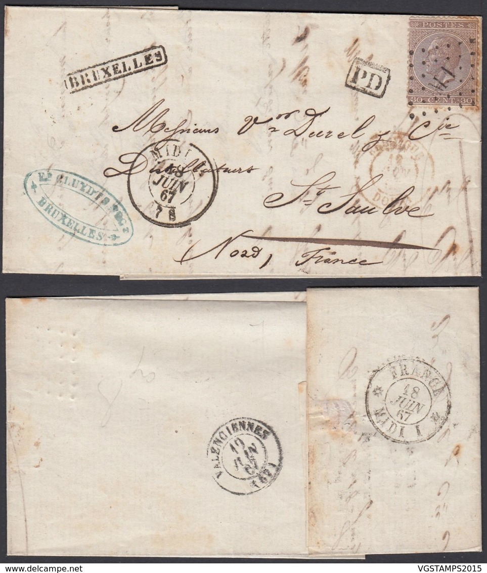 BELGIQUE COB 19 SUR LETTRE 18/06/1867 OBL M.1 MIDI 1+GRIFFE BRUXELLES VERS FRANCE VERSO "FRANCE MIDI I" (DD) DC-1988 - 1865-1866 Profil Gauche