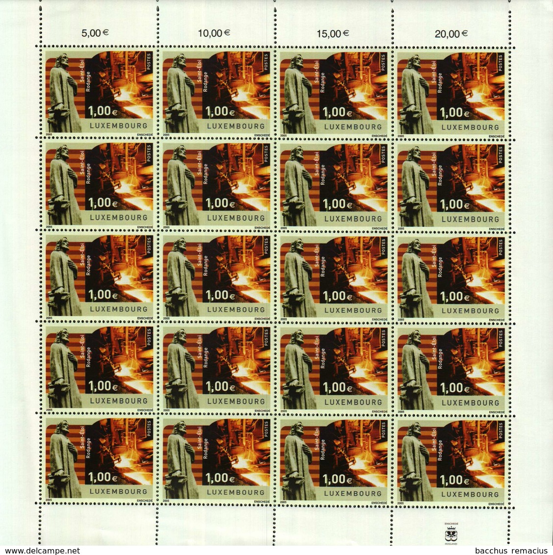 Luxembourg Feuille De 20 Timbres à 1 Euro Statue De Saint-Eloi Dans La Fonderie MMR, Rodange 2005 - Full Sheets