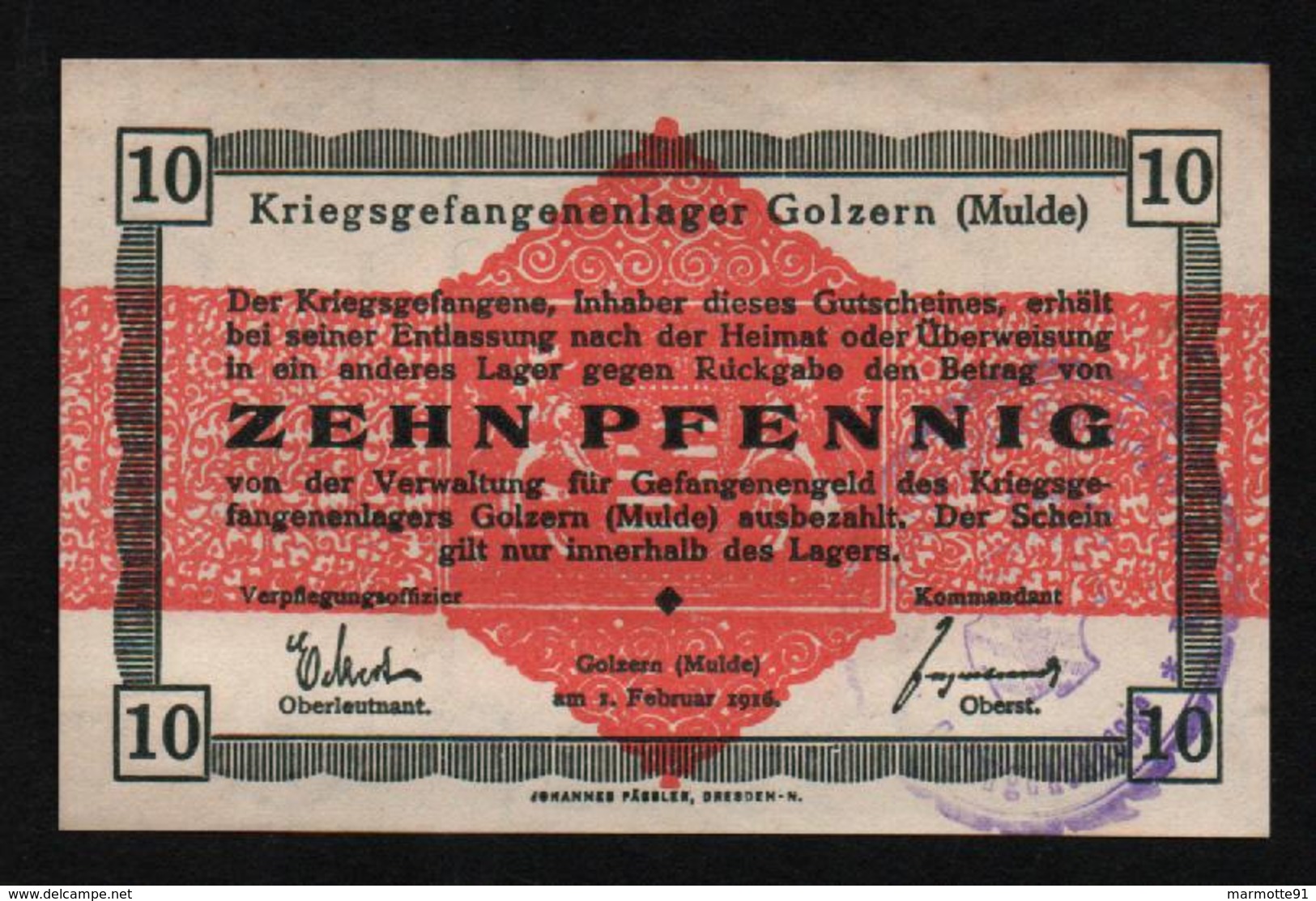 GEFANGENENLAGER GELD LAGERGELD BILLET CAMP GOLZERN MULDE PRISONNIER ALLEMAGNE KG POW GUERRE 1914 1918 - 1914-18