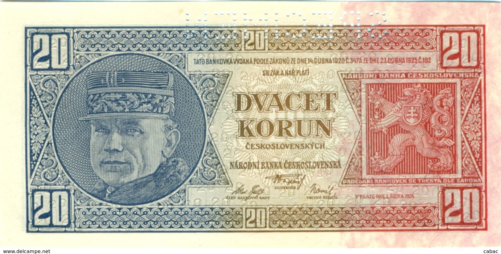 Czechoslovakia, 20 Korun, 1926, SPECIMEN,  Narodna Banka Češkoslovenska, Dvacet Korun, Zwanzig Kronen - Tchécoslovaquie