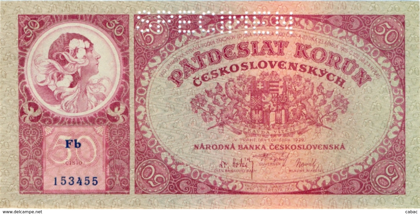 Czechoslovakia, 50 Korun, 1929, SPECIMEN,  Narodna Banka Češkoslovenska, Patdesiat Korun, Kronen, Pravda Vitezi, čislo - Tschechoslowakei