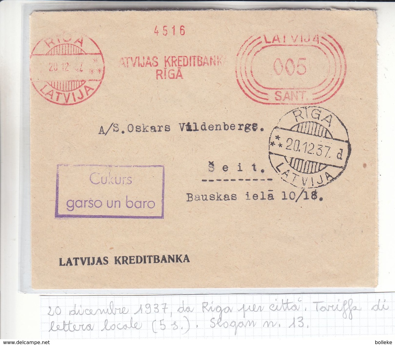 Lettonie - Lettre De 1937 - Oblit Riga - EMA - Empreintes Machines - Exp Vers Seit - Banque - Lettonie