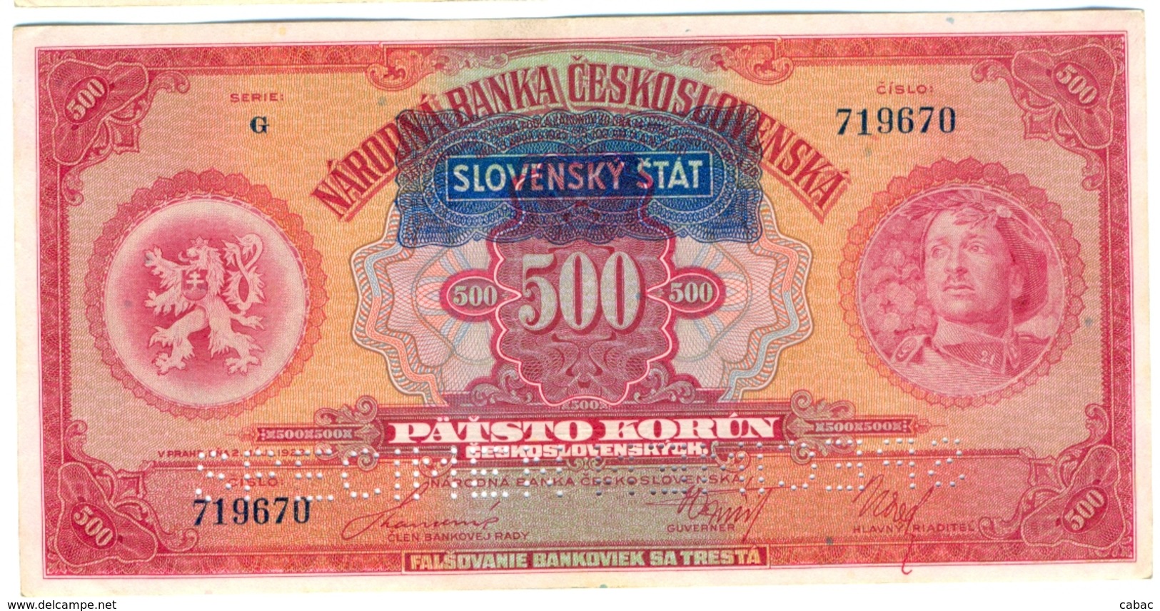 Czechoslovakia, 500 Korun, 1929, SPECIMEN, Narodna Banka Češkoslovenska, Patsto Korun, Serie G - Tchécoslovaquie