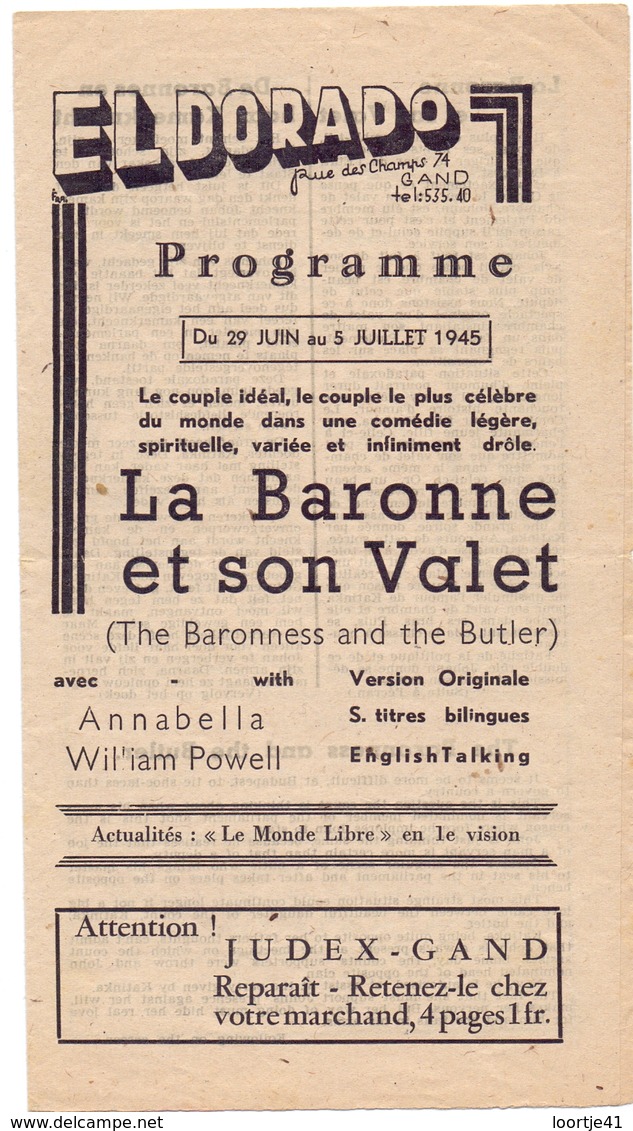 Ciné  Bioscoop Programma Cinema Eldorado Gent - Film La Baronne Et Son Valet - 1945 - Publicité Cinématographique