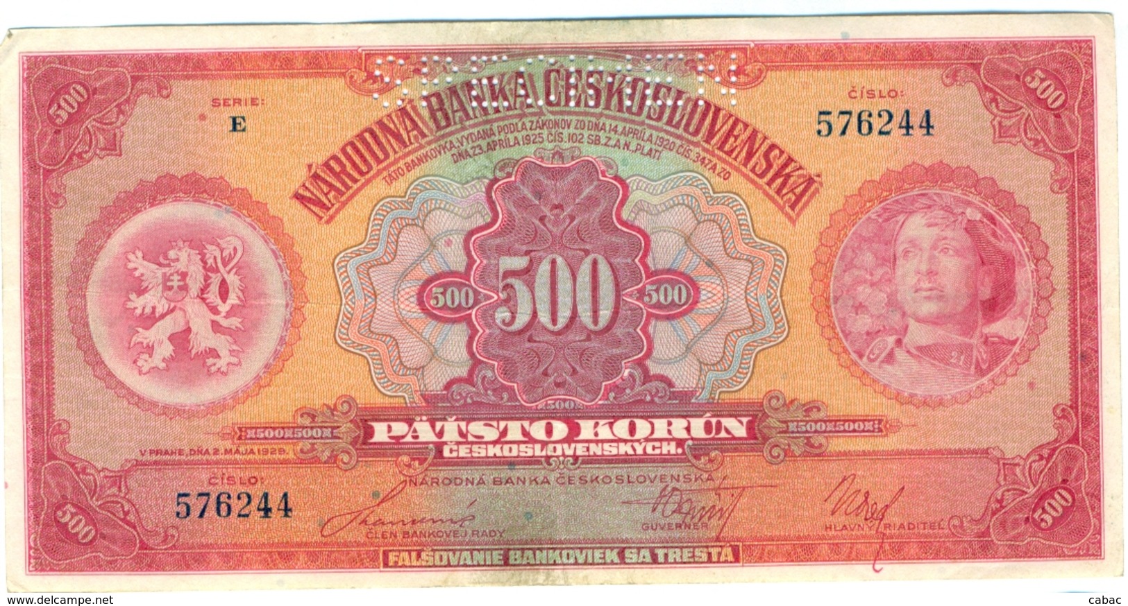 Czechoslovakia, 500 Korun, 1929, SPECIMEN, Narodna Banka Češkoslovenska, Patsto Korun, Serie E, RARE! - Tchécoslovaquie