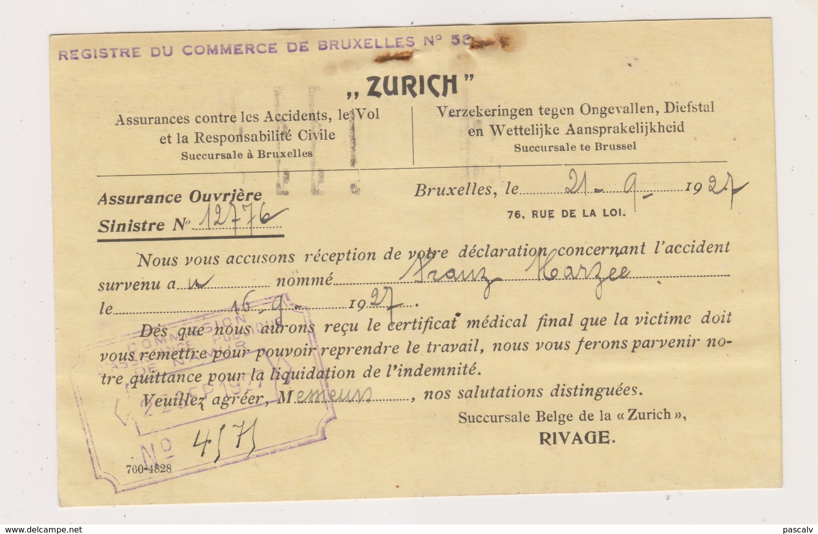 COB 200 Sur Carte De Bruxelles Vers Namur Compagnies Assurance Zurich - 1922-1927 Houyoux