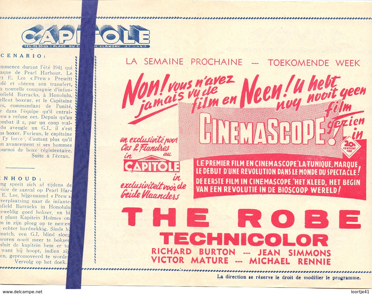 Ciné  Bioscoop Programma Cinema Capitole - Savoy - Select - Eldorado - Gent - Film The Robe - 1954 - Publicité Cinématographique