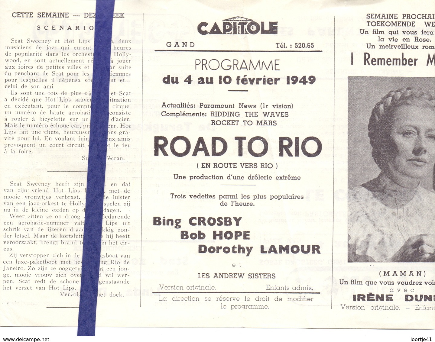 Ciné  Bioscoop Programma Cinema Capitole - Savoy - Select - Gent - Film  Road To Rio - 1949 - Publicité Cinématographique