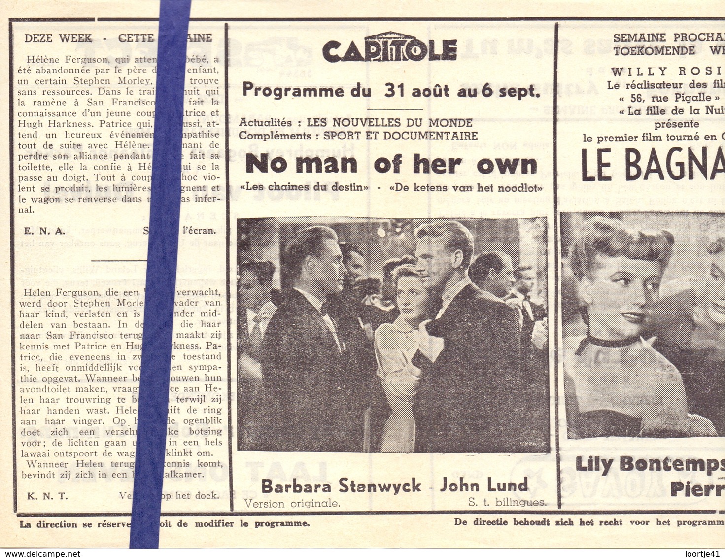 Ciné  Bioscoop Programma Cinema Capitole - Savoy - Select - Gent - Film  No Man Of Her Own - Publicité Cinématographique