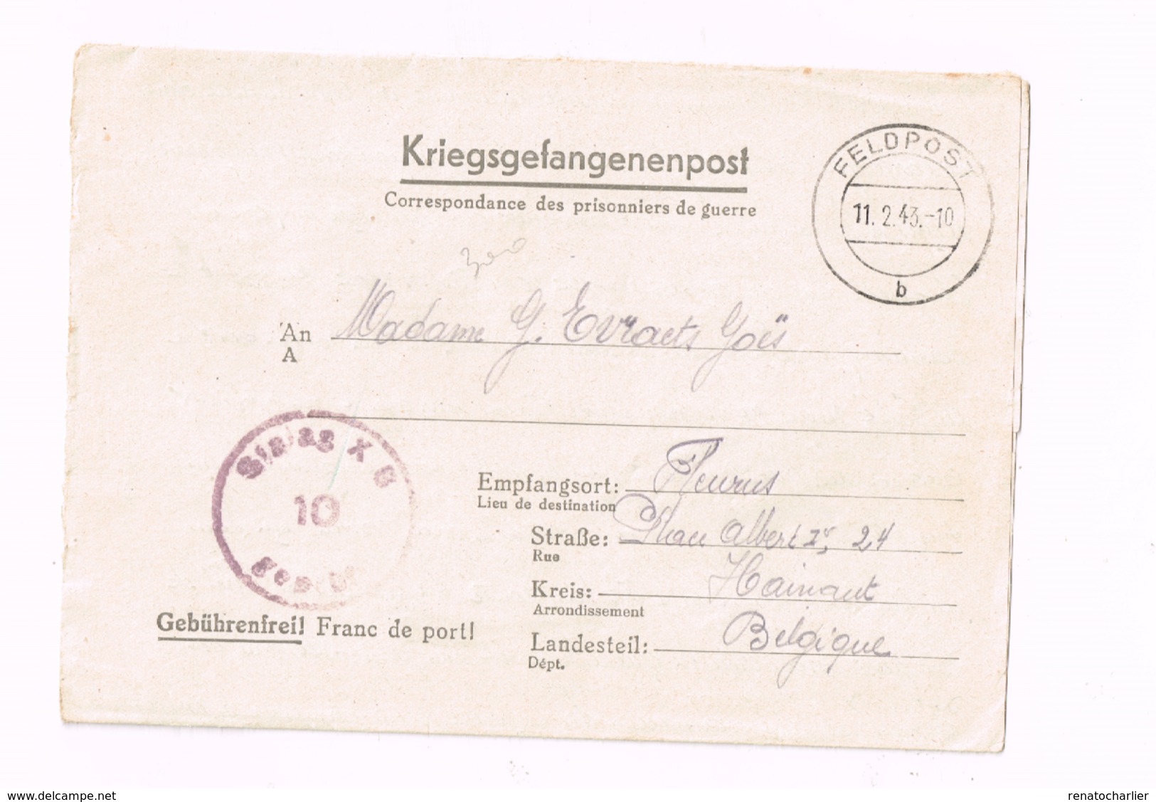 Kriesgsgefangenenpost.Stalag X B à Fleurus. Marque De Censure. - Guerre 40-45 (Lettres & Documents)
