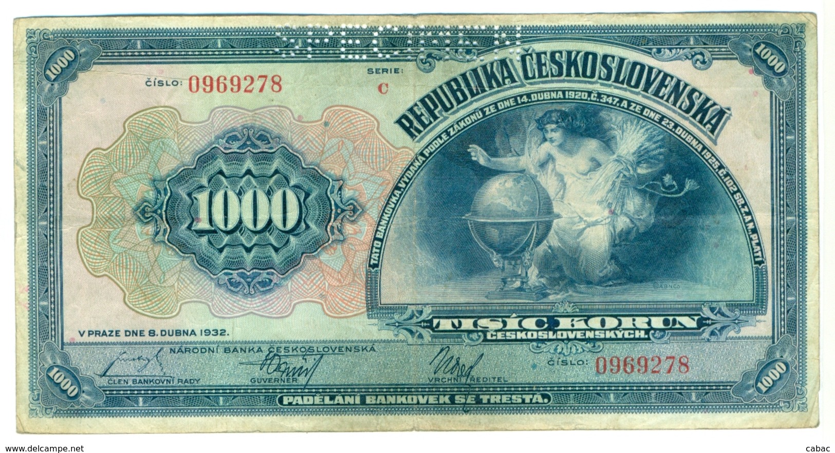 Czechoslovakia, 1000 Korun, 1932, SPECIMEN, Narodna Banka Češkoslovenska, Tisic Korun, Serie C, RARE! - Tchécoslovaquie