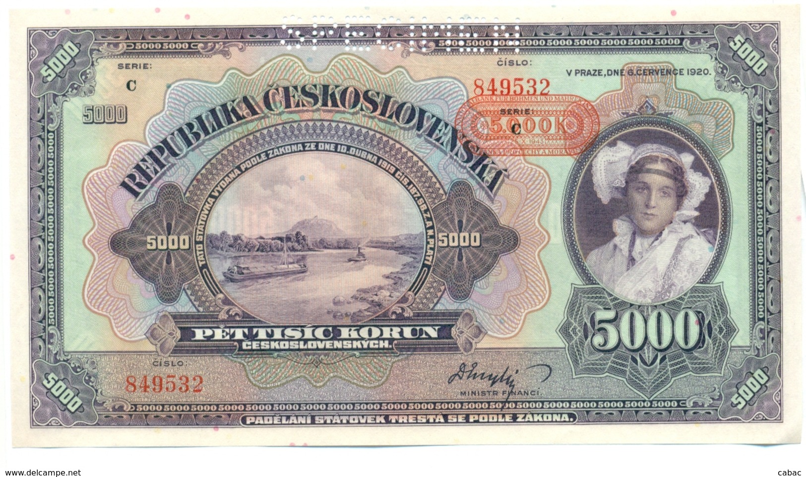 Czechoslovakia, 5000 Korun, 1920, SPECIMEN, Pet Tisic Korun, Narodna Banka Češkoslovenska, Serie C - Tchécoslovaquie