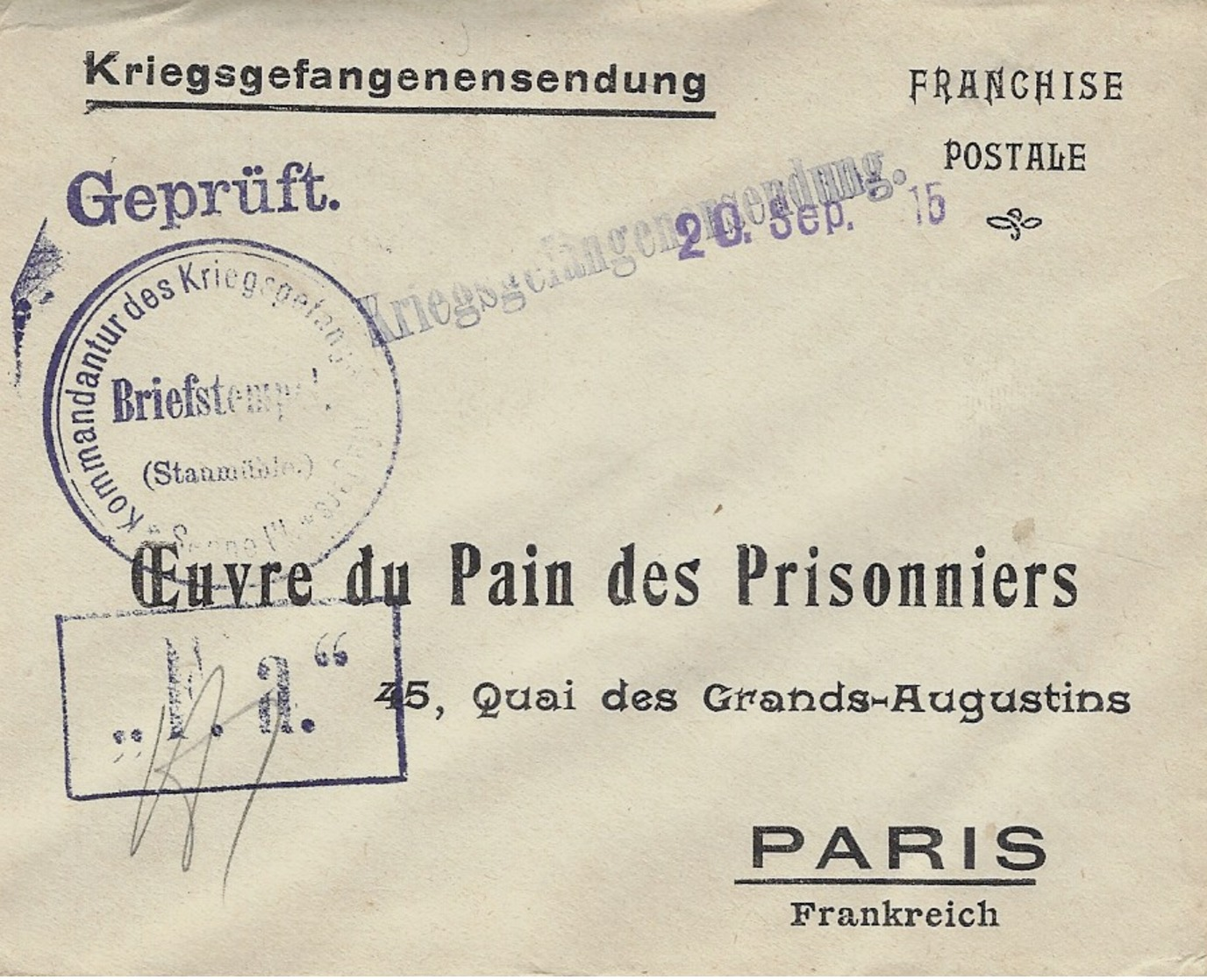 WWI - Enveloppe Imprimée OEUVRE DU PAIN Des PRISONNIERS  En Franchise Pour Paris - Guerre De 1914-18