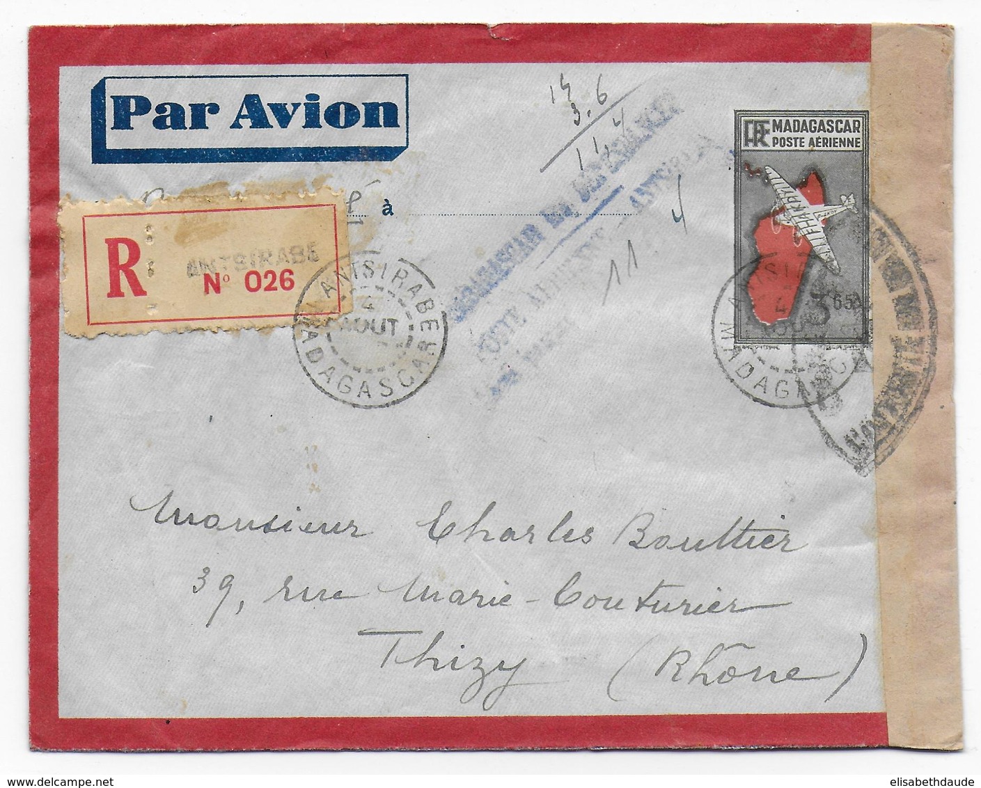 MADAGASCAR - 1945 - ENV. ENTIER RECO Par AVION + TAXE PERCUE De POSTE AERIENNE TAMPON + CENSURE De ANTSIRABE => THISY - Lettres & Documents